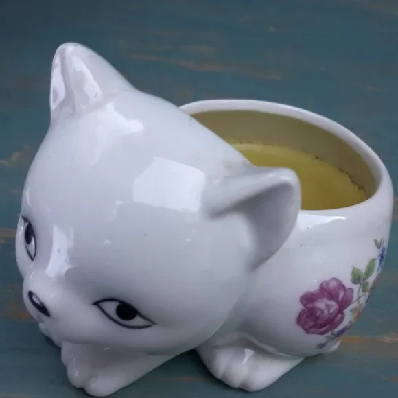 Vintage Ceramic Cat Planter Porcelain Cat Dish Candle Bowl Japan Flowers - Picture 9 of 16